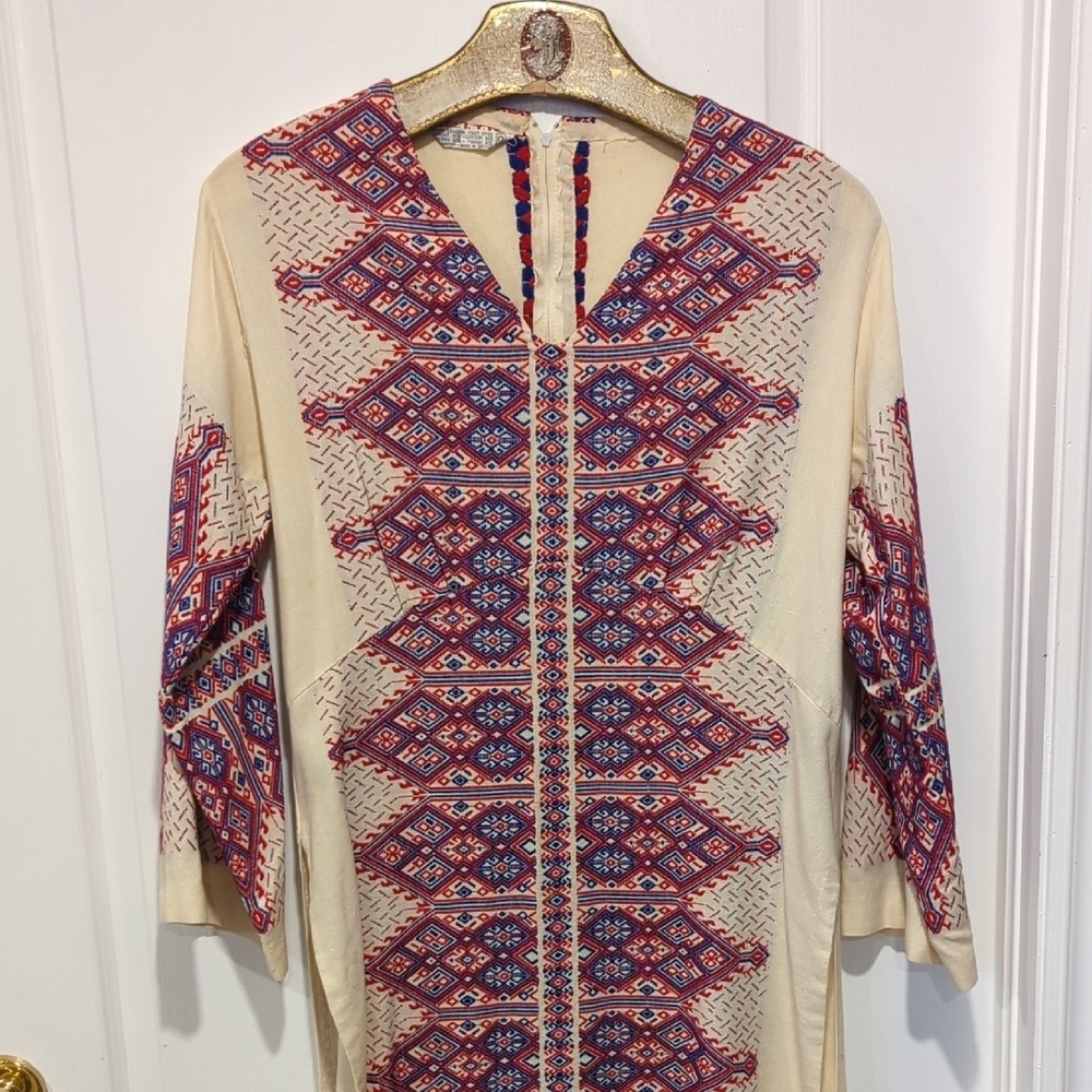 Greek Handmade Patterned Dress with Red and Blue Accents